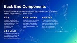 Back End Components
These are some of the various front end components used to develop
various projects during my internship:
5
AWS
Amazon Web Services
provides on-demand cloud
computing platforms and
APIs to individuals,
companies, and
governments.
AWS Lambda
It is a computing service that
runs code in response to
events and automatically
manages the computing
resources required by that
code.
AWS EC2
Amazon Elastic Compute
Cloud is a cloud-computing
platform, that allows users to
rent virtual computers on
which to run their own
computer applications.
Git & GitLab
Git is a distributed version-
control system for tracking
changes in source code
during software development.
 