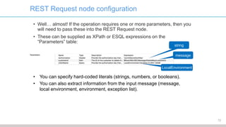 REST Request node configuration
• Well… almost! If the operation requires one or more parameters, then you
will need to pass these into the REST Request node.
• These can be supplied as XPath or ESQL expressions on the
“Parameters” table:
• You can specify hard-coded literals (strings, numbers, or booleans).
• You can also extract information from the input message (message,
local environment, environment, exception list).
string
message
LocalEnvironment
72
 