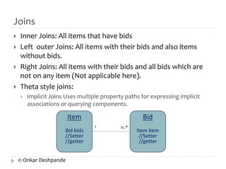 Joins 
 Inner Joins: All items that have bids 
 Left outer Joins: All items with their bids and also items 
without bids. 
 Right Joins: All items with their bids and all bids which are 
not on any item (Not applicable here). 
 Theta style joins: 
 Implicit Joins Uses multiple property paths for expressing implicit 
associations or querying components. 
Item 
Bid bids 
//Setter 
//getter 
Bid 
Item item 
//Setter 
//getter 
1 0..* 
© Onkar Deshpande 
 