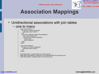 Association Mappings Unidirectional associations with join tables one to many <class name=&quot;Person&quot;> <id name=&quot;id&quot; column=&quot;personId&quot;> <generator class=&quot;native&quot;/> </id> <set name=&quot;addresses&quot; table=&quot;PersonAddress&quot;> <key column=&quot;personId&quot;/> <many-to-many column=&quot;addressId&quot; unique=&quot;true&quot; class=&quot;Address&quot;/> </set> </class> <class name=&quot;Address&quot;> <id name=&quot;id&quot; column=&quot;addressId&quot;> <generator class=&quot;native&quot;/> </id> </class> create table Person ( personId bigint not null primary key ) create table PersonAddress ( personId not null, addressId bigint not null primary key ) create table Address ( addressId bigint not null primary key ) www.intellibitz.com   [email_address] 