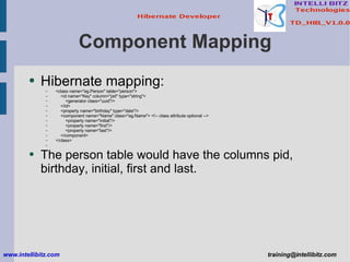 Component Mapping Hibernate mapping: <class name=&quot;eg.Person&quot; table=&quot;person&quot;> <id name=&quot;Key&quot; column=&quot;pid&quot; type=&quot;string&quot;> <generator class=&quot;uuid&quot;/> </id> <property name=&quot;birthday&quot; type=&quot;date&quot;/> <component name=&quot;Name&quot; class=&quot;eg.Name&quot;> <!-- class attribute optional --> <property name=&quot;initial&quot;/> <property name=&quot;first&quot;/> <property name=&quot;last&quot;/> </component> </class> The person table would have the columns pid, birthday, initial, first and last. www.intellibitz.com   [email_address] 