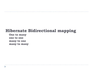 Hibernate Bidirectional mapping
 One to many
 one to one
 many to one
 many to many
 