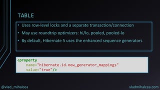 @vlad_mihalcea vladmihalcea.com
TABLE
• Uses row-level locks and a separate transaction/connection
• May use roundtrip optimizers: hi/lo, pooled, pooled-lo
• By default, Hibernate 5 uses the enhanced sequence generators
<property
name="hibernate.id.new_generator_mappings"
value="true"/>
 