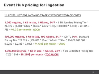 22
!!! COSTS JUST FOR INCOMING TRAFFIC WITHOUT STORAGE COSTS
1.000 msg/sec, 1 KB in size, 1 MB/sec, 24/7 = 1 TU Standard Pricing Tier *
22.32$ + (1.000 * 60sec * 60min * 24hrs * 31d)/1.000.000 * 0.028$ = 22.32$ +
75$ = 97.3$ per month - GOOD
100.000 msg/sec, 1 KB in size, 100 MB/sec, 24/7 = 100 TU (MAX) Standard
Pricing Tier * 22.32$ + (100.000 * 60sec * 60min * 24hrs * 31d)/1.000.000 *
0.028$ = 2.232$ + 7.500$ = 9.730$ per month - GOOD
1.000.000 msg/sec, 1 KB in size, 1 GB/sec, 24/7 = 4 CU Dedicated Pricing Tier
* 720$ * 31d = 89.280$ per month - TOO MUCH!
Event Hub pricing for ingestion
 