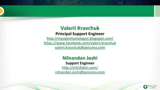 Valerii Kravchuk
Principal Support Engineer
http://mysqlentomologist.blogspot.com/
https://www.facebook.com/valerii.kravchuk
valerii.kravchuk@percona.com
Nilnandan Joshi
Support Engineer
http://nilinfobin.com/
nilnandan.joshi@percona.com
 