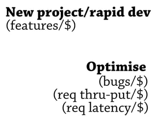 New project/rapid dev
(features/$)

            Optimise
               (bugs/$)
      (req thru-put/$)
        (req latency/$)
 