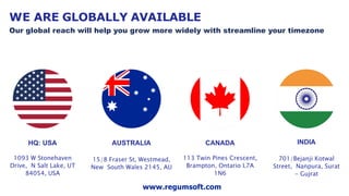 WE ARE GLOBALLY AVAILABLE
HQ: USA
1093 W Stonehaven
Drive, N Salt Lake, UT
84054, USA
Our global reach will help you grow more widely with streamline your timezone
CANADA
113 Twin Pines Crescent,
Brampton, Ontario L7A
1N6
AUSTRALIA
15/8 Fraser St, Westmead,
New South Wales 2145, AU
INDIA
701/Bejanji Kotwal
Street, Nanpura, Surat
- Gujrat
www.regumsoft.com
 