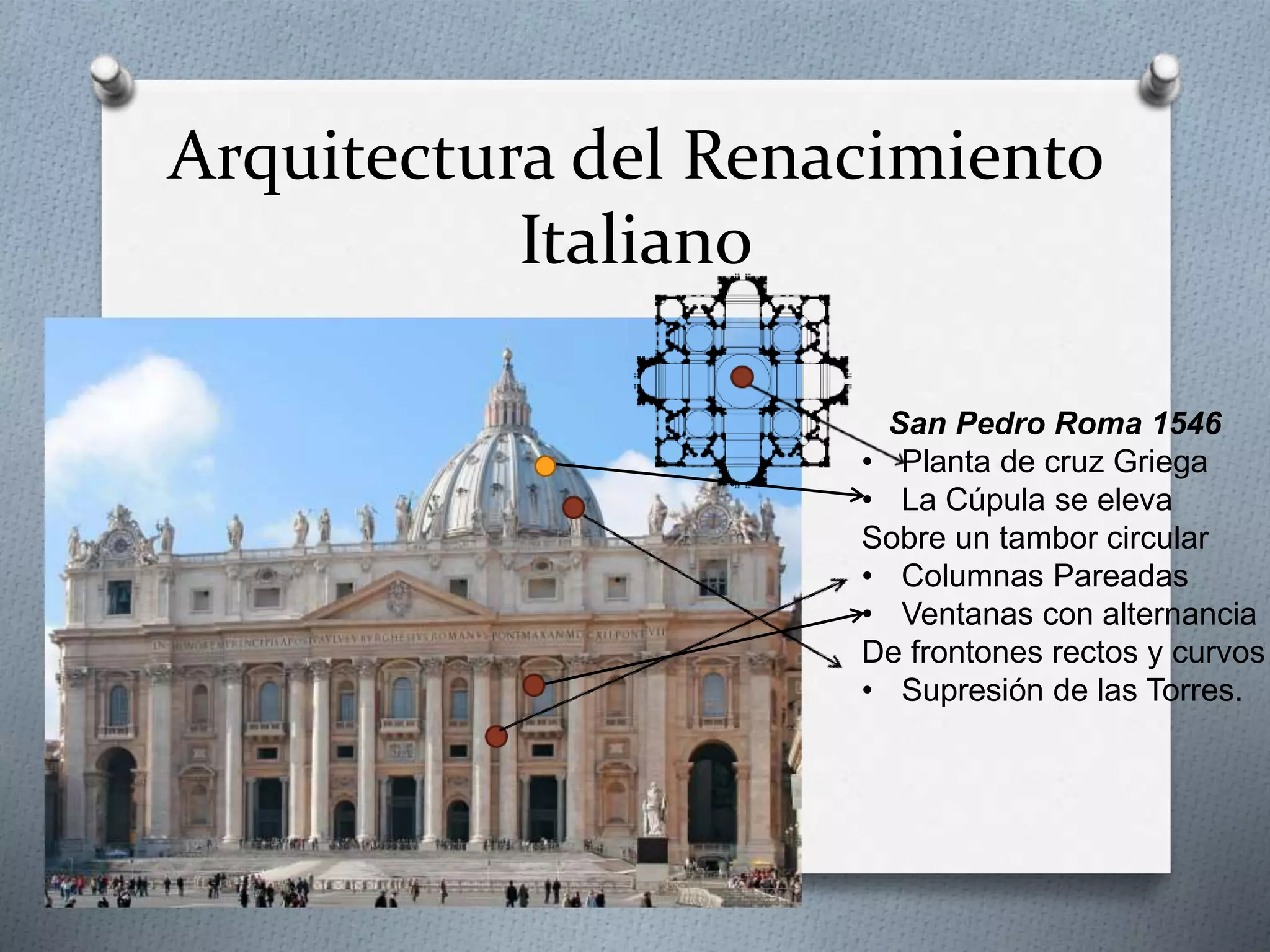 Arquitectura del Renacimiento
Italiano
San Pedro Roma 1546
• Planta de cruz Griega
• La Cúpula se eleva
Sobre un tambor circular
• Columnas Pareadas
• Ventanas con alternancia
De frontones rectos y curvos
• Supresión de las Torres.
 