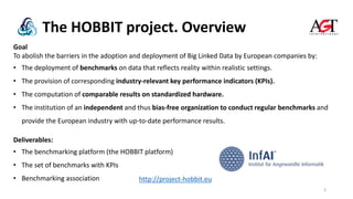 Goal
To abolish the barriers in the adoption and deployment of Big Linked Data by European companies by:
• The deployment of benchmarks on data that reflects reality within realistic settings.
• The provision of corresponding industry-relevant key performance indicators (KPIs).
• The computation of comparable results on standardized hardware.
• The institution of an independent and thus bias-free organization to conduct regular benchmarks and
provide the European industry with up-to-date performance results.
Deliverables:
• The benchmarking platform (the HOBBIT platform)
• The set of benchmarks with KPIs
• Benchmarking association
3
The HOBBIT project. Overview
http://project-hobbit.eu
 