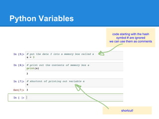 Python Variables
code starting with the hash
symbol # are ignored
we can use them as comments
shortcut!
 