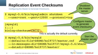 Copyright © 2013, Oracle and/or its affiliates. All rights reserved.39
Replication Event Checksums
Configuring the Master to Generate Checksums.
$ mysql­5.6/bin/mysqladmin shutdown 
  ­­user=root ­­port=12000 ­­protocol=tcp
[mysqld]
(...) 
binlog­checksum=CRC32
$ mysql­5.6/bin/mysqld 
  ­­defaults­file=$HOME/hol9737/master.cnf
  ­­lc­messages­dir=$HOME/hol9737/mysql­5.6/share
  ­­datadir=$HOME/hol9737/master/
Start the
master server.
Shutdown
the master
server.
Configure master
to generate
event checksums.
This is actually the default currently.
 