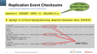 Copyright © 2013, Oracle and/or its affiliates. All rights reserved.40
Replication Event Checksums
Inspecting the Replication Event Checksums.
master> INSERT INTO t1 VALUES(3);
Let's insert
another row into
test.t1.
$ mysql­5.6/bin/mysqlbinlog master/master­bin.000002
# at 120
#120926 12:26:24 server id 1  end_log_pos 199 CRC32 0x9a914962  Query thread_id=1 exec_time=0 error_code=0
(...)
BEGIN
/*!*/;
# at 199
#120926 12:26:24 server id 1  end_log_pos 298 CRC32 0x4de04ef5  Query thread_id=1 exec_time=0 error_code=0
use test/*!*/;
SET TIMESTAMP=1348658784/*!*/;
INSERT INTO t1 VALUES (3)
/*!*/;
# at 298
#120926 12:26:24 server id 1  end_log_pos 329 CRC32 0xe4f8efc1  Xid = 20
COMMIT/*!*/;
Valid CRCs.
 