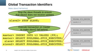 Copyright © 2013, Oracle and/or its affiliates. All rights reserved.92
Global Transaction Identifiers
Make slave2 fall behind.
slave2> STOP SLAVE;
Stop the slave threads to ensure
that slave2 does not receive updates
master> INSERT INTO t3 VALUES (99);
master> SELECT @@GLOBAL.GTID_EXECUTED;
 slave> SELECT @@GLOBAL.GTID_EXECUTED;
slave2> SELECT @@GLOBAL.GTID_EXECUTED;
+­­­­­­­­­­­­­­­­­­­­­­­­+
| @@GLOBAL.GTID_EXECUTED |
+­­­­­­­­­­­­­­­­­­­­­­­­+
| [uuid]:1­3             |
+­­­­­­­­­­­­­­­­­­­­­­­­+
+­­­­­­­­­­­­­­­­­­­­­­­­+
| @@GLOBAL.GTID_EXECUTED |
+­­­­­­­­­­­­­­­­­­­­­­­­+
| [uuid]:1­3             |
+­­­­­­­­­­­­­­­­­­­­­­­­+
+­­­­­­­­­­­­­­­­­­­­­­­­+
| @@GLOBAL.GTID_EXECUTED |
+­­­­­­­­­­­­­­­­­­­­­­­­+
| [uuid]:1­2             |
+­­­­­­­­­­­­­­­­­­­­­­­­+
Execute transaction on master
to make slave2 fall behind.
 