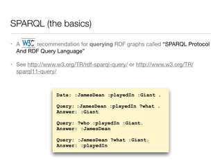 SPARQL (the basics)
• A W3C recommendation for querying RDF graphs called “SPARQL Protocol
And RDF Query Language”

• See http://www.w3.org/TR/rdf-sparql-query/ or http://www.w3.org/TR/
sparql11-query/
Data: :JamesDean :playedIn :Giant .
Query: :JamesDean :playedIn ?what .
Answer: :Giant
Query: ?who :playedIn :Giant.
Answer: :JamesDean
Query: :JamesDean ?what :Giant.
Answer: :playedIn
 