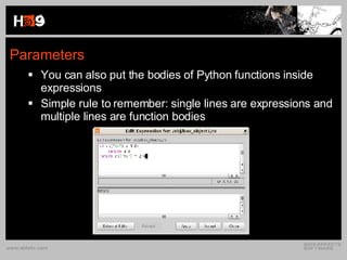 Parameters You can also put the bodies of Python functions inside expressions Simple rule to remember: single lines are expressions and multiple lines are function bodies 