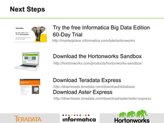 Next Steps 
© Hortonworks Inc. 2014 
Try the free Informatica Big Data Edition 
60-Day Trial 
http://marketplace.informatica.com/bdehortonworks 
Download the Hortonworks Sandbox 
http://hortonworks.com/products/hortonworks-sandbox/ 
Download Teradata Express 
Download Aster Express 
http://downloads.teradata.com/download/database 
http://downloads.teradata.com/download/aster/aster-express 
