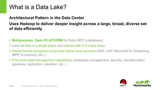 What is a Data Lake? 
Architectural Pattern in the Data Center 
Uses Hadoop to deliver deeper insight across a large, broad, diverse set 
of data efficiently 
§ Multipurpose, Open PLATFORM for Data (NOT a database) 
§ Land all data in a single place and interact with it in many ways 
§ Allows for the ecosystem to provide higher level services (SAS, SAP, Microsoft for Streaming, 
MPP, In-memory, etc..) 
§ First class data management capabilities (metadata management, security, transformation 
pipelines, replication, retention, etc..) 
Page 5 © Hortonworks Inc. 2011 – 2014. All Rights Reserved 
 
