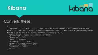 Kibana
Converts these:
{
"message" : "127.0.0.1 - - [11/Dec/2013:00:01:45 -0800] "GET /xampp/status.php
HTTP/1.1" 200 3891 "http://cadenza/xampp/navi.php" "Mozilla/5.0 (Macintosh; Intel
Mac OS X 10.9; rv:25.0) Gecko/20100101 Firefox/25.0"",
"@timestamp" : "2013-12-11T08:01:45.000Z",
"@version" : "1",
"host" : "cadenza",
"clientip" : "127.0.0.1",
"path" : "/xampp/status.php",
"response" : "200",
// ...
}
 