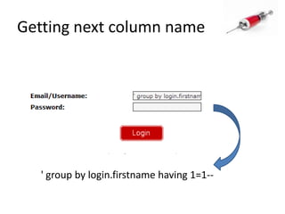 Getting next column name' group by login.firstname having 1=1--