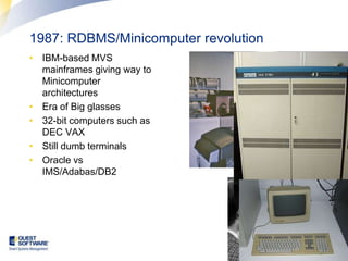 1987: RDBMS/Minicomputer revolution IBM-based MVS mainframes giving way to Minicomputer architecturesEra of Big glasses32-bit computers such as DEC VAXStill dumb terminalsOracle vs IMS/Adabas/DB2