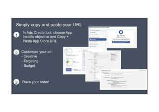 Simply copy and paste your URL
Place your order!3
In Ads Create tool, choose App
Installs objective and Copy +
Paste App Store URL
1
Customize your ad:
- Creative
- Targeting
- Budget
2
 