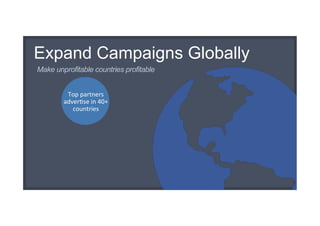 Expand Campaigns Globally
Make unprofitable countries profitable
Top	
  partners	
  
adver/se	
  in	
  40+	
  
countries	
  
 