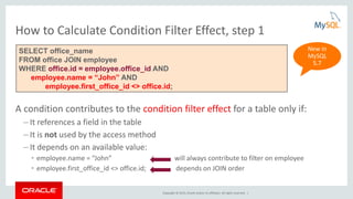 Copyright © 2015, Oracle and/or its affiliates. All rights reserved. |
How to Calculate Condition Filter Effect, step 1
A condition contributes to the condition filter effect for a table only if:
– It references a field in the table
– It is not used by the access method
– It depends on an available value:
• employee.name = “John” will always contribute to filter on employee
• employee.first_office_id <> office.id; depends on JOIN order
SELECT office_name
FROM office JOIN employee
WHERE office.id = employee.office_id AND
employee.name = “John” AND
employee.first_office_id <> office.id;
New in
MySQL
5.7
 