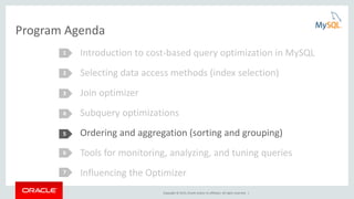Copyright © 2015, Oracle and/or its affiliates. All rights reserved. |
Program Agenda
Introduction to cost-based query optimization in MySQL
Selecting data access methods (index selection)
Join optimizer
Subquery optimizations
Ordering and aggregation (sorting and grouping)
Tools for monitoring, analyzing, and tuning queries
Influencing the Optimizer
1
2
3
4
5
6
7
 