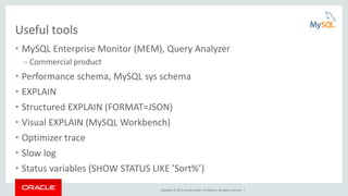 Copyright © 2015, Oracle and/or its affiliates. All rights reserved. |
Useful tools
• MySQL Enterprise Monitor (MEM), Query Analyzer
– Commercial product
• Performance schema, MySQL sys schema
• EXPLAIN
• Structured EXPLAIN (FORMAT=JSON)
• Visual EXPLAIN (MySQL Workbench)
• Optimizer trace
• Slow log
• Status variables (SHOW STATUS LIKE ’Sort%’)
 