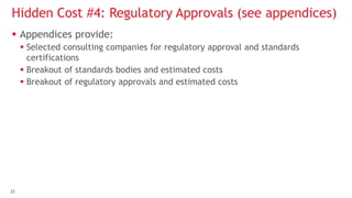 3333
Hidden Cost #4: Regulatory Approvals (see appendices)
 Appendices provide:
 Selected consulting companies for regulatory approval and standards
certifications
 Breakout of standards bodies and estimated costs
 Breakout of regulatory approvals and estimated costs
 