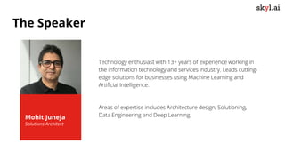 Technology enthusiast with 13+ years of experience working in
the information technology and services industry. Leads cutting-
edge solutions for businesses using Machine Learning and
Artificial Intelligence.
Areas of expertise includes Architecture design, Solutioning,
Data Engineering and Deep Learning.Mohit Juneja
Solutions Architect
The Speaker
 