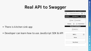 PAGEDAY2017/11/01#MOONGIFT/12
Real API to Swagger
• There is kitchen sink app
• Developer can learn how to use JavaScript SDK & API
17
 