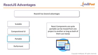 Copyright Intellipaat. All rights reserved.
ReactJS Advantages
ReactJS has Several advantages
Scalable
Compositional UI
Portable
Performant
React Components are quite
portable can be moved from one
project to another as long as both of
them use reactjs
 