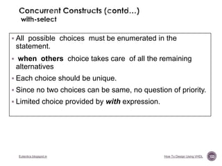  All possible choices must be enumerated in the

statement.
 when others choice takes care of all the remaining

alternatives
 Each choice should be unique.
 Since no two choices can be same, no question of priority.
 Limited choice provided by with expression.

Eutectics.blogspot.in

How To Design Using VHDL

103

 