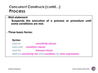  Wait statement

Suspends the execution of a process or procedure until
some conditions are met.
 Three basic forms:

Syntax:
wait on
sensitivity clause
wait until condition clause
wait for
timeout clause
Wait on sensitivity list until condition for time expression;

Eutectics.blogspot.in

How To Design Using VHDL

122

 