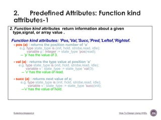2. Function kind attributes return information about a given
type,signal, or array value .
Function kind attributes: ‟Pos,‟Val,‟Succ,‟Pred,‟Leftof,‟Rightof.
- pos (a) : returns the position number of „a‟
e.g. type state_type is (init, hold, strobe,read, idle);
variable p : integer := state_type ‟pos(read);
-- ‟p‟ has the value of 3.
- val (a) : returns the type value at position „a‟
e.g. type state_type is (init, hold, strobe,read, idle);
variable v : state_type := state_type ‟val(3);
-- ‟v‟ has the value of read.
- succ (a) : returns next value of a;
e.g. type state_type is (init, hold, strobe,read, idle);
variable v : state_type := state_type ‟succ(init);
--‟v‟ has the value of hold.

Eutectics.blogspot.in

How To Design Using VHDL

226

 