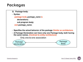 2) Package body:
 Syntax:
package body package_name is
declarations;
sub program body;
end package_name;
 Specifies the actual behavior of the package Similar as architecture.
 A Package Declaration can have only one Package body, both having

the same names. (Contrast to entity architecture)

Only one-to-one association
Package
declaration

Eutectics.blogspot.in

Package
Body

How To Design Using VHDL

242

 