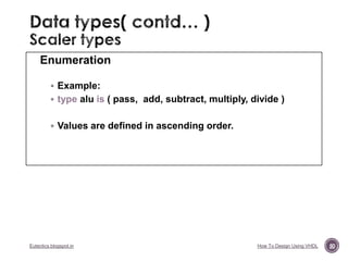 Enumeration
 Example:
 type alu is ( pass, add, subtract, multiply, divide )
 Values are defined in ascending order.

Eutectics.blogspot.in

How To Design Using VHDL

50

 