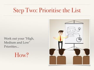 Step Two: Prioritise the List
Work out your "High,
Medium and Low"
Priorities...
How?
 