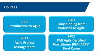 © Global Knowledge Training LLC. All rights reserved. Page 25
Courses
2923
Agile Project
Management
2501
Transitioning from
Waterfall to Agile
2506
Introduction to Agile
2401
PMI Agile Certified
Practitioner (PMI-ACP)®
Boot Camp
 