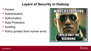 Layers of Security in Hadoop
 Access
 Authentication
 Authorization
 Data Protection
 Auditing
 Policy (protect from human error)
 