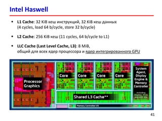 Intel Haswell
4141
 L1 Cache: 32 KiB кеш инструкций, 32 KiB кеш данных
(4 cycles, load 64 b/cycle, store 32 b/cycle)
 L2 Cache: 256 KiB кеш (11 cycles, 64 b/cycle to L1)
 LLC Cache (Last Level Cache, L3): 8 MiB,
общий для всех ядер процессора и ядер интегрированного GPU
 
