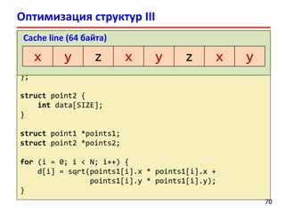 struct point1 {
double x;
double y;
double z;
};
struct point2 {
int data[SIZE];
}
struct point1 *points1;
struct point2 *points2;
for (i = 0; i < N; i++) {
d[i] = sqrt(points1[i].x * points1[i].x +
points1[i].y * points1[i].y);
}
Оптимизация структур III
7070
Cache line (64 байта)
x y z x y z x y
 