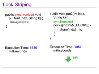 Lock Striping
 public synchronized void       public void put2(int indx,
   put1(int indx, String k) {     String k) {
     share[indx] = k;             synchronized
 }                                (locks[indx%N_LOCKS]) {
                                       share[indx] = k;
                                   }
                                }

 Execution Time: 5536           Execution Time: 1857
   milliseconds                   milliseconds

                                              66%
 