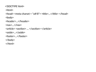 <!DOCTYPE html>
<html>
<head> <meta charset = "utf-8"> <title>...</title> </head>
<body>
<header>...</header>
<nav>...</nav>
<article> <section> ... </section> </article>
<aside>...</aside>
<footer>...</footer>
</body>
</html>
 