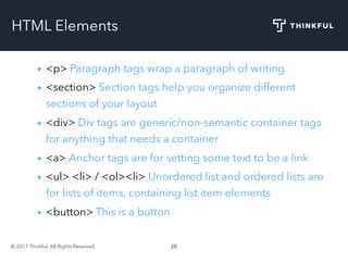 © 2017 Thinkful. All Rights Reserved. 20
HTML Elements
<p> Paragraph tags wrap a paragraph of writing
<section> Section tags help you organize different
sections of your layout
<div> Div tags are generic/non-semantic container tags
for anything that needs a container
<a> Anchor tags are for setting some text to be a link
<ul> <li> / <ol><li> Unordered list and ordered lists are
for lists of items, containing list item elements
<button> This is a button
 