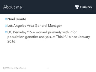 © 2017 Thinkful. All Rights Reserved. 3
About me
Noel Duarte
Los Angeles Area General Manager
UC Berkeley ’15 — worked primarily with R for
population genetics analysis, at Thinkful since January
2016
 