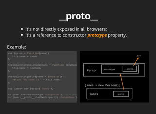 it's	not	directly	exposed	in	all	browsers;
it's	a	reference	to	constructor	 property.
var	Person	=	function(name){
			this.name	=	name;
};
Person.prototype.changeName	=	function	(newName)	{
			this.name	=	newName;
};
Person.prototype.sayName	=	function(){
			return	'My	name	is	'	+	this.name;
};
var	james=	new	Person('James');
>>	james.hasOwnProperty('changeName');	//false
>>	james.__proto__.hasOwnProperty('changeName');	//true
Example:
 