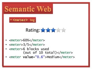Semantic Web tagThis tag is for the semantic representation of section of the content. For instance, an &lt;article&gt; can contain a &lt;header&gt; and can be divided into several &lt;section&gt;s. 