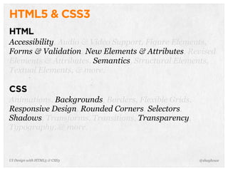 HTML5 & CSS3
HTML
Accessibility, Audio & Video Support, Figure Elements,
Forms & Validation, New Elements & Attributes, Revised
Elements & Attributes, Semantics, Structural Elements,
Textual Elements, & more.
CSS
Animations, Backgrounds, Borders, Flexible Grids,
Responsive Design, Rounded Corners, Selectors,
Shadows, Transforms, Transitions, Transparency,
Typography, & more.
@shayhoweUI Design with HTML5 & CSS3
 